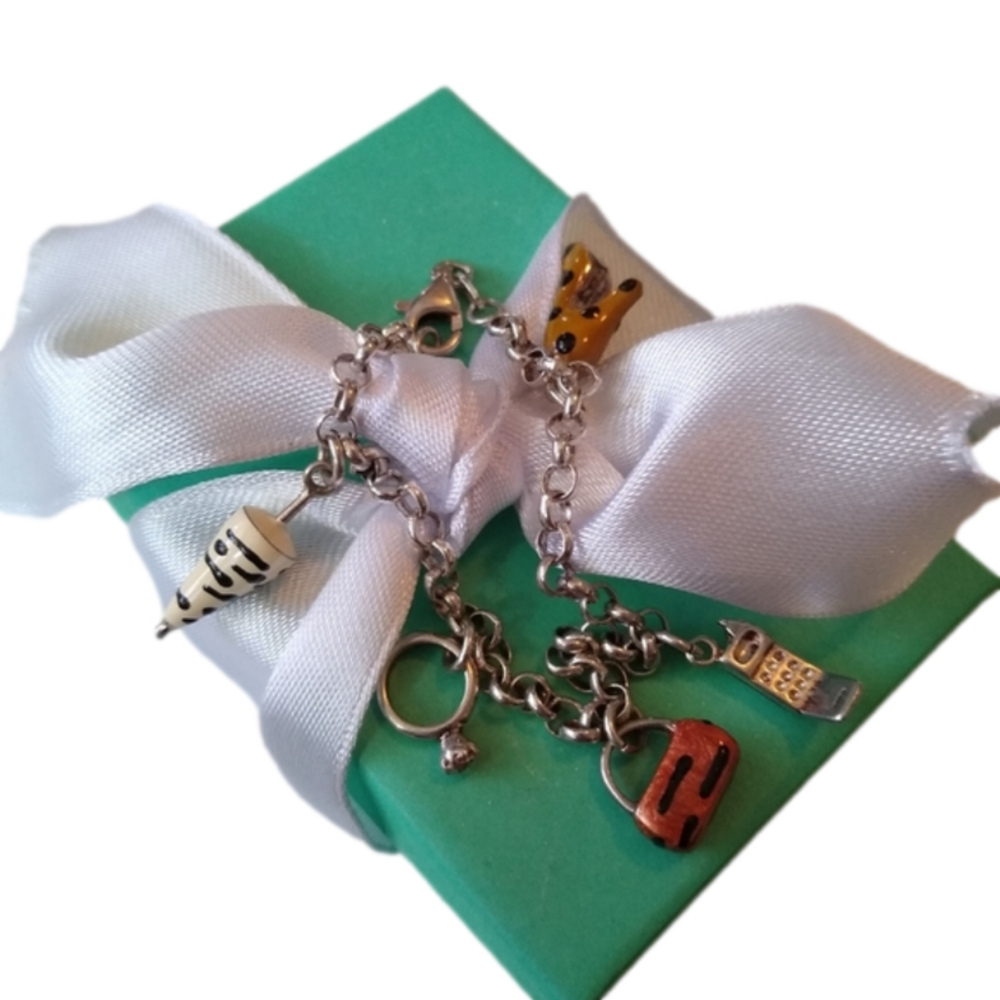 Vintage Sterling Silver 925 Charm Bracelet w/ 5 Enameled Charms Italy